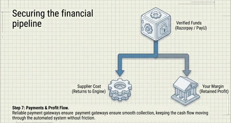 Financial pipeline diagram showing verified payments flowing through a gateway (Razorpay/PayU), then splitting into supplier costs (fed back into the system) and retained profit (your margin), ensuring smooth automated cash flow.