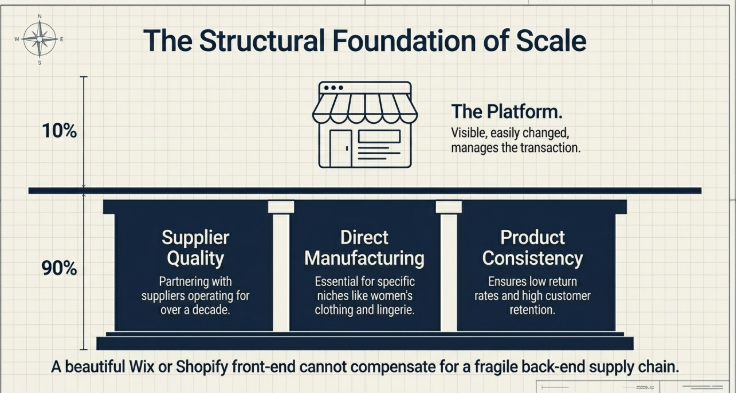 Diagram showing dropshipping success foundation with supplier quality, direct manufacturing, and product consistency as key factors for scaling ecommerce