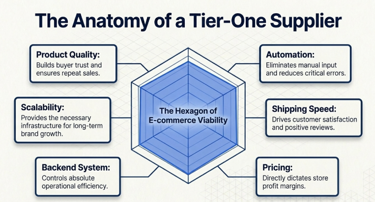 The Anatomy of a Tier-One Supplier&rdquo; diagram showing a hexagon of e-commerce viability surrounded by six key factors&mdash;product quality, automation, shipping speed, pricing, backend systems, and scalability&mdash;highlighting the pillars required for a reliable and scalable supplier