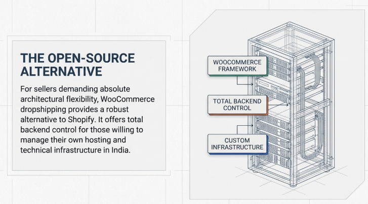 Infographic titled “The Open-Source Alternative” explaining WooCommerce as a flexible dropshipping option. It highlights that WooCommerce offers total backend control for sellers who can manage their own hosting and technical setup. A server-style diagram on the right emphasizes key elements like the WooCommerce framework, total backend control, and custom infrastructure.
