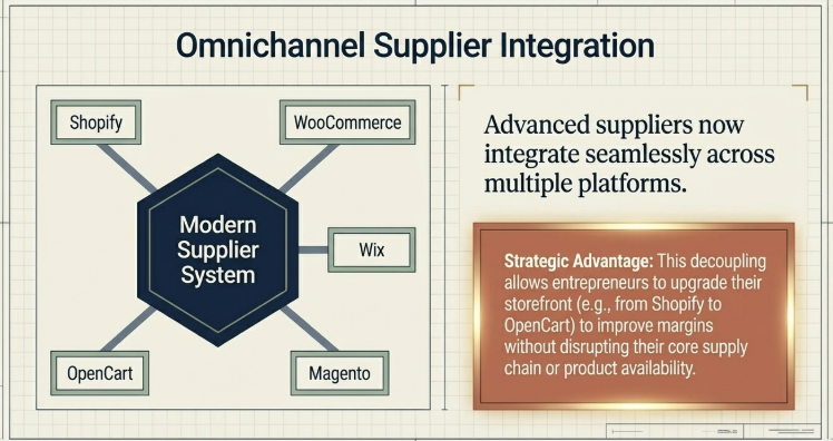 Diagram showing modern supplier system integrating with Shopify, WooCommerce, Wix, OpenCart, and Magento for seamless dropshipping across platforms