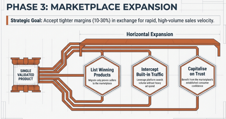 Infographic titled “Phase 3: Marketplace Expansion” outlining the final stage of scaling a dropshipping business. It emphasizes a strategic goal of accepting lower margins (10–30%) in exchange for high-volume sales. The visual shows a flow from a single validated product into marketplace growth, including listing winning products, intercepting built-in marketplace traffic, and capitalizing on established consumer trust for rapid expansion.