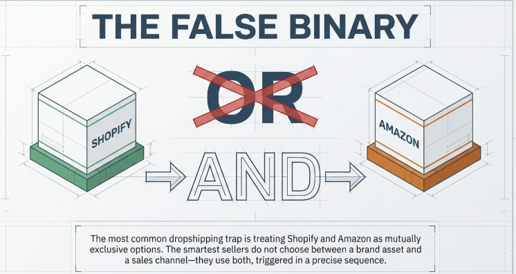 Infographic titled “The False Binary” showing Shopify and Amazon as two separate boxes on opposite sides, with the word “OR” crossed out in the center and replaced by “AND,” emphasizing that sellers should use both platforms together rather than choosing one. A caption explains that treating Shopify and Amazon as mutually exclusive is a common dropshipping mistake, and successful sellers leverage both in a strategic sequence.