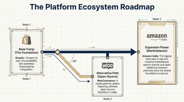 Ecommerce platform ecosystem roadmap showing Shopify base WooCommerce alternative and Amazon expansion strategy