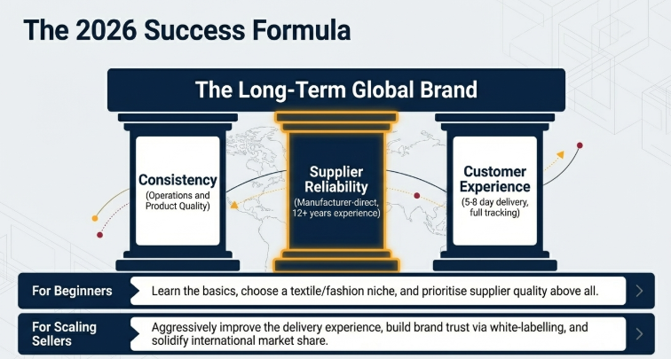 Infographic showing dropshipping success formula with pillars of consistency, supplier reliability, and customer experience for building a long-term global brand