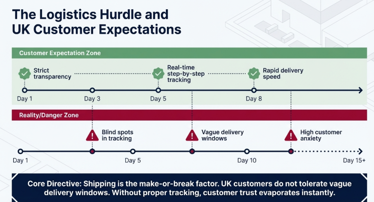 Timeline infographic showing UK customer expectations for fast delivery and tracking versus logistics challenges like delays, vague delivery windows, and tracking issues in dropshipping