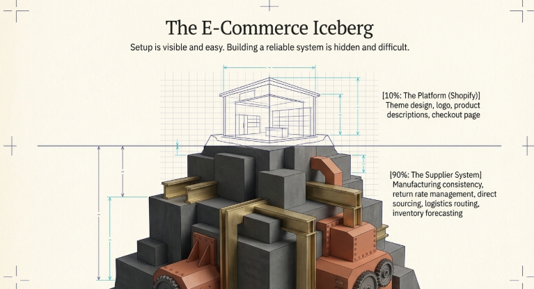 Iceberg diagram showing ecommerce structure with visible Shopify store elements above and hidden supplier system including manufacturing, logistics, and consistency below