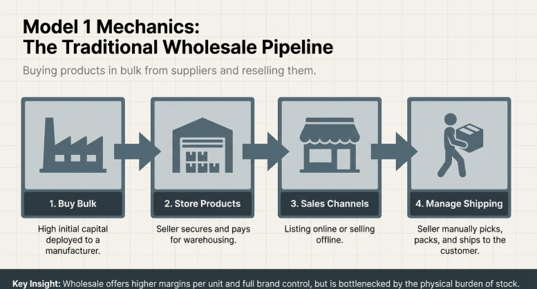Step-by-step wholesale clothing business process showing bulk buying, storage, sales channels, and shipping workflow in India