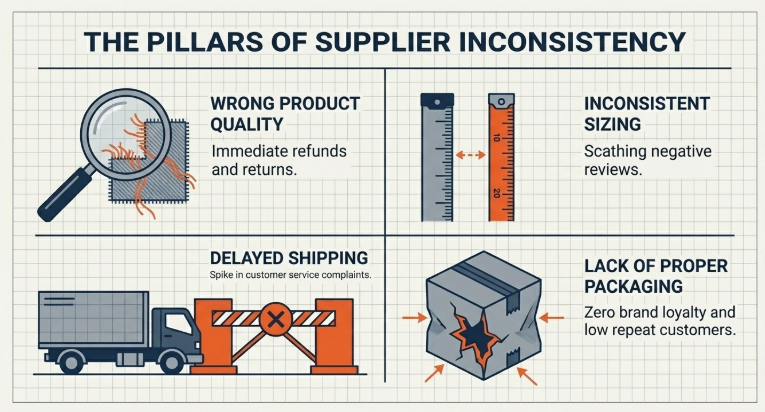 Infographic showing key supplier inconsistency problems in dropshipping including poor product quality, inconsistent sizing, delayed shipping, and improper packaging