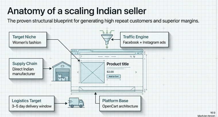 Diagram showing scaling ecommerce seller model in India with niche selection, traffic ads, supply chain, logistics, and OpenCart platform