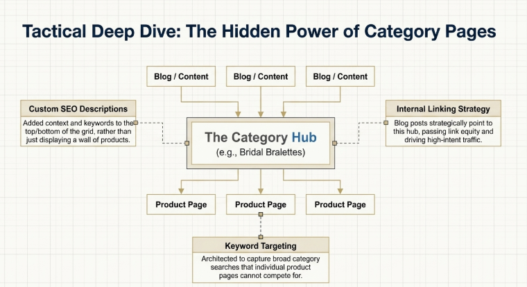 Category page SEO strategy diagram showing blog content internal linking and product page optimization