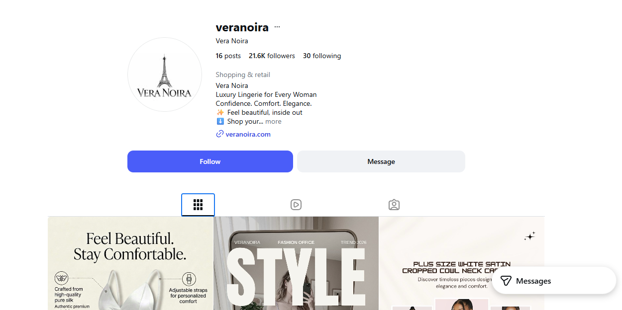 Veranoira Instagram profile showcasing luxury lingerie brand presence and organic audience growth