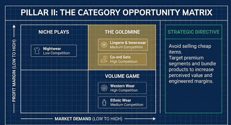 Women’s clothing category matrix showing high-profit niches like lingerie and co-ord sets, low competition nightwear, and high-demand segments like western and ethnic wear