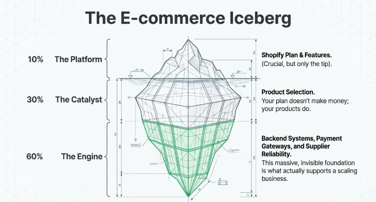 Iceberg diagram showing ecommerce success with Shopify plan and features at the top, product selection in the middle, and backend systems including suppliers and payments as the foundation