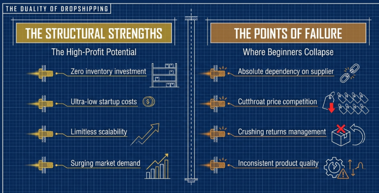 Dropshipping pros and cons diagram showing structural strengths like low investment, scalability, high demand and risks like supplier dependency, price competition and returns