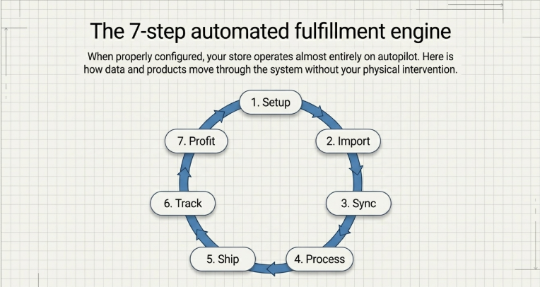 The 7-step automated fulfillment engine diagram showing a circular workflow: Setup → Import → Sync → Process → Ship → Track → Profit, illustrating an end-to-end automated dropshipping system operating on autopilot.