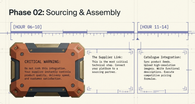 Diagram showing phase two of Shopify dropshipping setup including supplier integration, product sourcing, catalogue setup, and pricing strategy