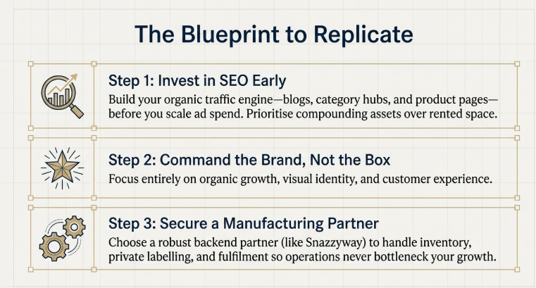 Ecommerce growth blueprint showing SEO, branding, and manufacturing strategy for organic scaling