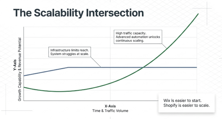 Graph showing Shopify vs Wix scalability where Wix plateaus with traffic while Shopify continues growing with higher traffic and automation in ecommerce