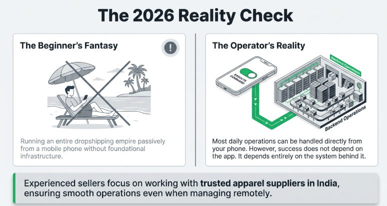 Illustration of mobile app managing dropshipping operations in 2026 with analytics, supplier network, and backend automation systems