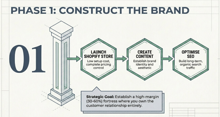 Infographic titled “Phase 1: Construct the Brand” outlining the first stage of a dropshipping strategy. It shows three sequential steps: launch a Shopify store with full pricing control and low setup cost, create content to establish brand identity and aesthetic, and optimize SEO for long-term organic traffic. A note highlights the strategic goal of building a high-margin (30–60%) brand where the seller fully owns the customer relationship.
