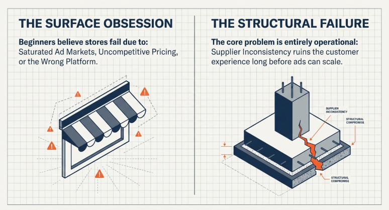 Comparison infographic showing surface-level dropshipping issues like ads and pricing versus deeper structural problems like supplier inconsistency and operational failures