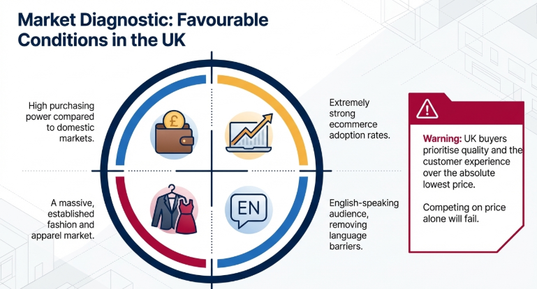 Infographic showing favourable UK market conditions for dropshipping including high purchasing power, strong ecommerce adoption, large fashion market, and English-speaking audience