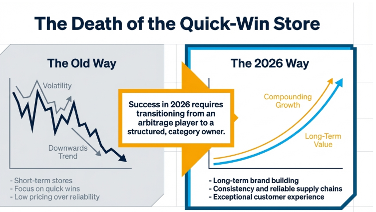 Comparison showing old dropshipping model with volatility versus 2026 strategy focused on long term growth and brand building