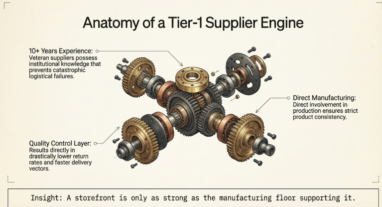 Illustration showing components of a tier one dropshipping supplier system including direct manufacturing, quality control, and experienced logistics processes