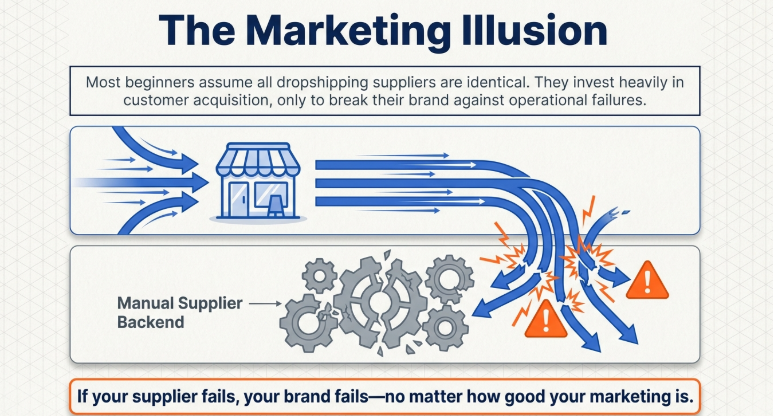 The Marketing Illusion&rdquo; diagram showing heavy traffic flowing into a store but breaking at a weak manual supplier backend, emphasizing that poor operations cause failures regardless of marketing strength