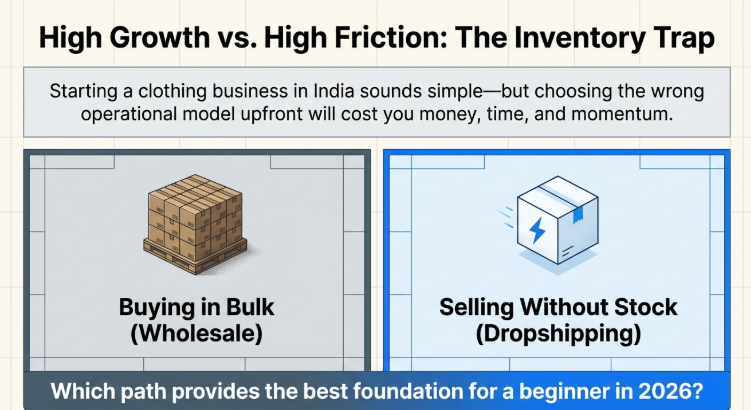 Dropshipping vs wholesale clothing in India showing bulk buying inventory vs selling without stock for beginners in 2026