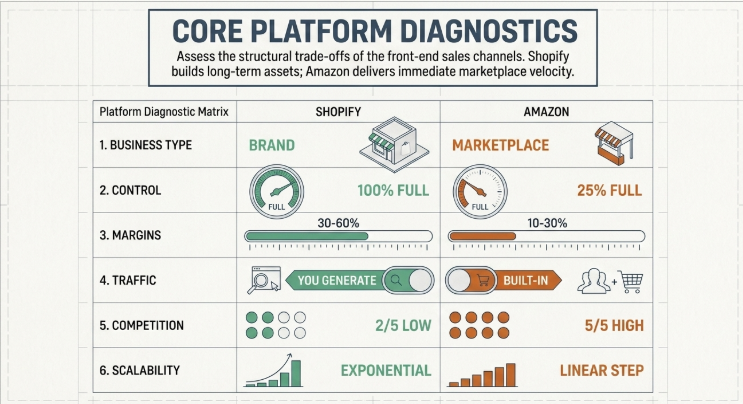 Infographic titled “Core Platform Diagnostics” comparing Shopify and Amazon across key business factors. It highlights Shopify as a brand-focused platform with full control (100%), higher margins (30–60%), and self-generated traffic, while Amazon is shown as a marketplace with limited control (25%), lower margins (10–30%), and built-in traffic but higher competition.