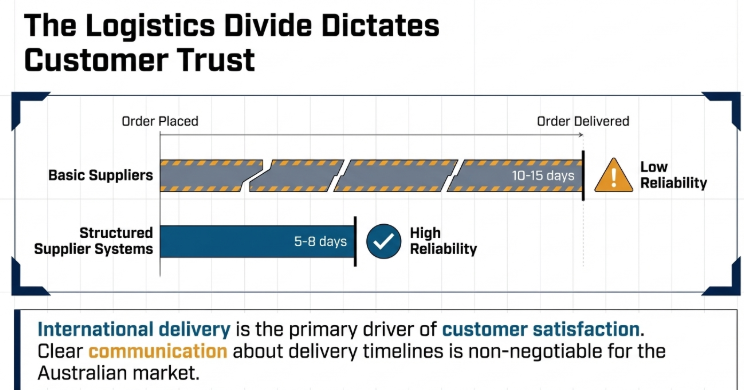 Diagram comparing basic suppliers with 10 to 15 day delivery versus structured supplier systems with 5 to 8 day delivery