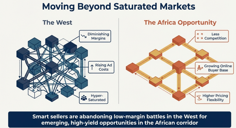Comparison graphic showing saturated western ecommerce markets with high competition and costs versus Africa opportunity with lower competition and higher margins
