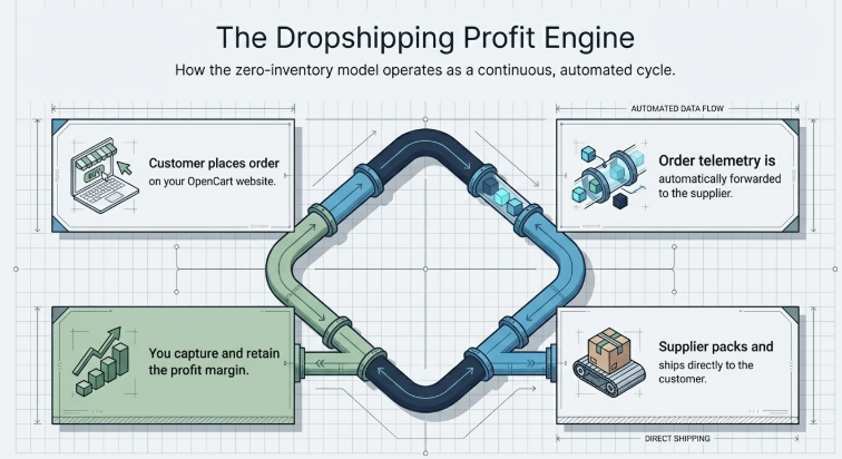 Diagram showing dropshipping profit engine where customer orders, supplier ships, and seller retains margin