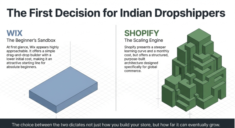 Comparison of Shopify and Wix for dropshipping in India showing Wix for beginners and Shopify for scaling ecommerce businesses in 2026