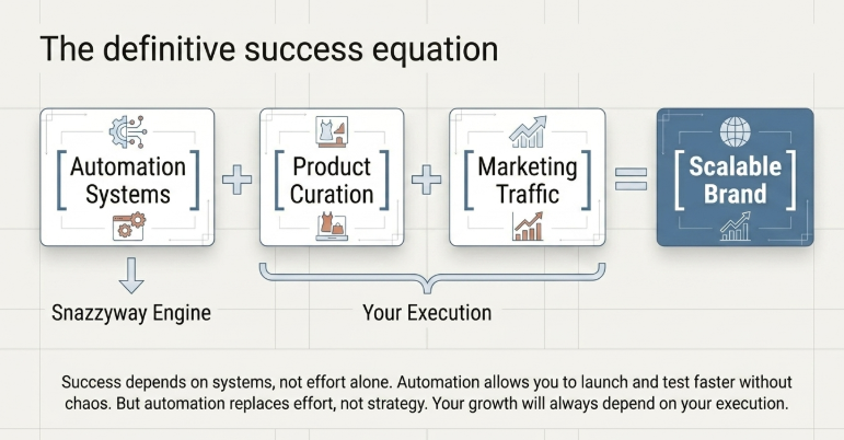 Success equation diagram showing Automation Systems + Product Curation + Marketing Traffic = Scalable Brand, emphasizing that systems (Snazzyway engine) combined with your execution drive long-term growth.