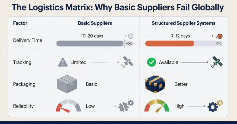 Table comparing basic suppliers and structured supplier systems showing differences in delivery time, tracking, packaging, and reliability for dropshipping