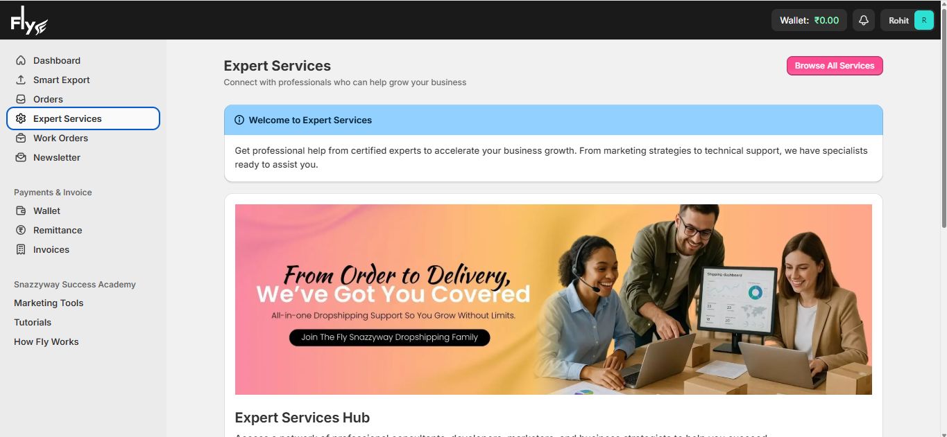 Snazzyway dashboard showing expert services and dropshipping backend support platform interface