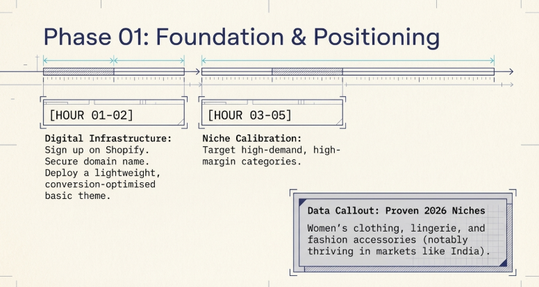 Diagram showing phase one of Shopify dropshipping setup including foundation, niche selection, domain setup, and high demand categories like women clothing