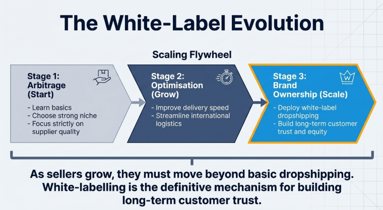 Diagram showing white label dropshipping evolution from arbitrage to optimization and brand ownership stages