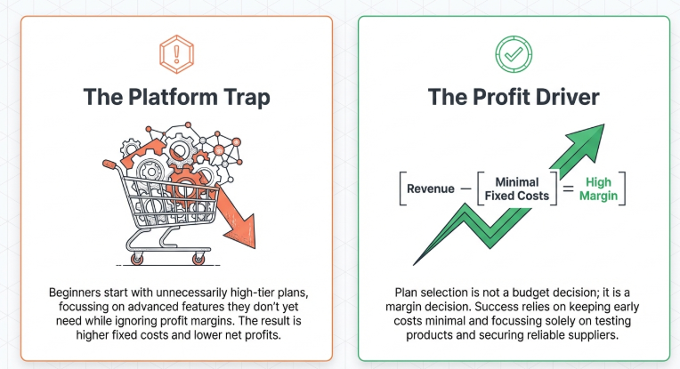 Comparison graphic showing platform trap with high costs versus profit driven strategy focusing on minimal fixed costs and higher margins in dropshipping