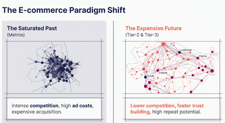 The E-commerce Paradigm Shift infographic comparing saturated metro markets with emerging Tier-2 and Tier-3 ecommerce opportunities in India, highlighting lower competition, reduced ad costs, faster trust building, and stronger repeat purchase potential in growing regional markets.