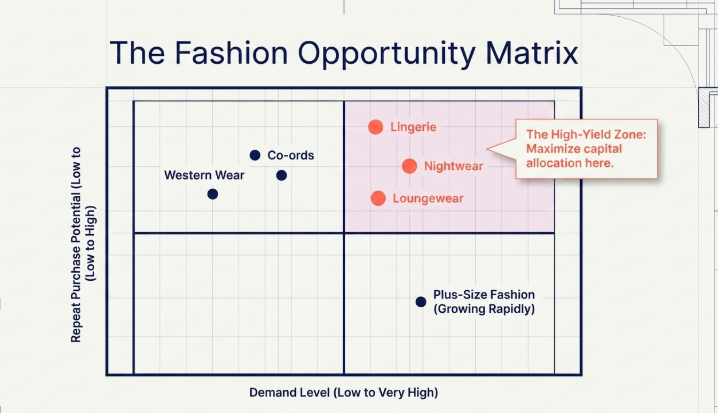 The Fashion Opportunity Matrix infographic comparing women’s fashion categories by demand level and repeat purchase potential, highlighting lingerie, nightwear, and loungewear as high-growth ecommerce niches in India’s non-metro fashion market.