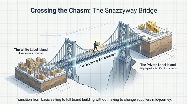 Snazzyway bridge concept showing transition from white label dropshipping to private label brand building for ecommerce sellers in India