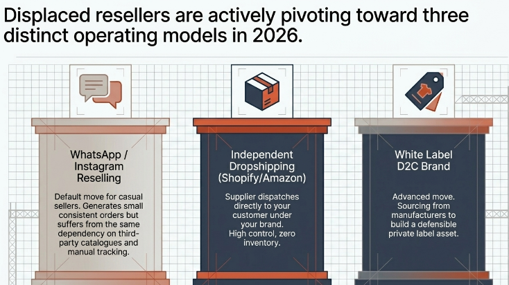 Infographic showing three business models that displaced fashion resellers are adopting in 2026. The graphic presents three columns: WhatsApp/Instagram Reselling, described as the default low-risk option with small but consistent orders, though still dependent on third-party catalogues and manual tracking; Independent Dropshipping (Shopify/Amazon), where suppliers ship directly to customers, giving sellers brand control and zero inventory; and White Label D2C Brand, an advanced approach involving sourcing from manufacturers to build a defensible private-label brand asset. The headline highlights the shift toward three distinct operating models after reseller disruption.