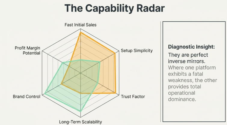 Radar chart comparison between Shopify and Amazon FBA business models, analyzing factors like fast initial sales, setup simplicity, trust factor, long-term scalability, brand control, and profit margin potential, showing how each platform complements the other’s weaknesses.