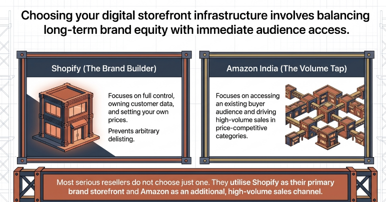 Comparison infographic explaining digital storefront choices for resellers balancing brand ownership and audience reach. The left panel, &ldquo;Shopify (The Brand Builder),&rdquo; focuses on full business control, ownership of customer data, independent pricing, and protection from arbitrary delisting. The right panel, &ldquo;Amazon India (The Volume Tap),&rdquo; highlights access to an existing buyer audience and the ability to generate high-volume sales in competitive categories. A concluding note explains that many serious resellers use a hybrid strategy&mdash;Shopify as their primary branded storefront and Amazon as an additional high-volume sales channel.