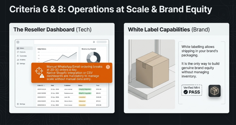 Infographic titled “Criteria 6 & 8: Operations at Scale & Brand Equity” covering technology infrastructure and branding capabilities in dropshipping.