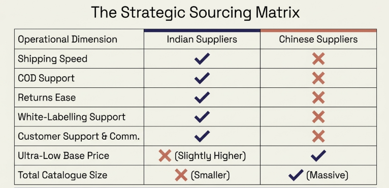 Strategic comparison matrix between Indian and Chinese dropshipping suppliers, evaluating shipping speed, COD support, returns handling, white-label services, customer support, product pricing, and catalogue size for ecommerce and fashion businesses.